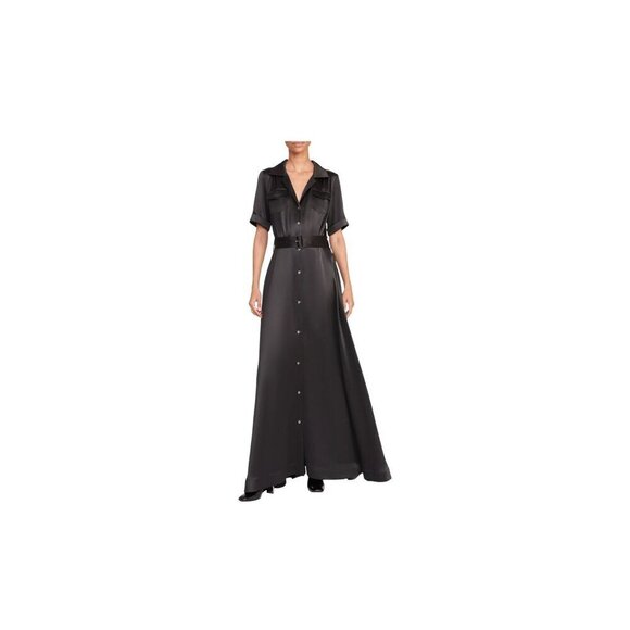 New STAUD Millie Satin Belted Maxi Shirt Dress Black Sz 2 MSRP $495 - Picture 3 of 10